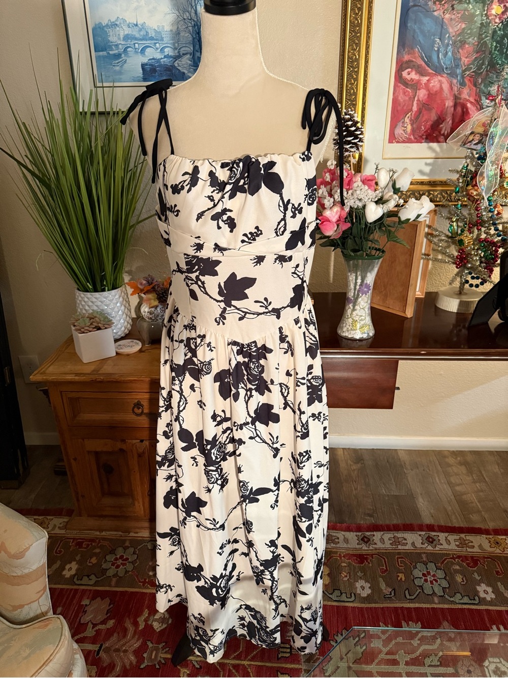 Sleeveless Black & White Floral Midi Dress with Tie Straps